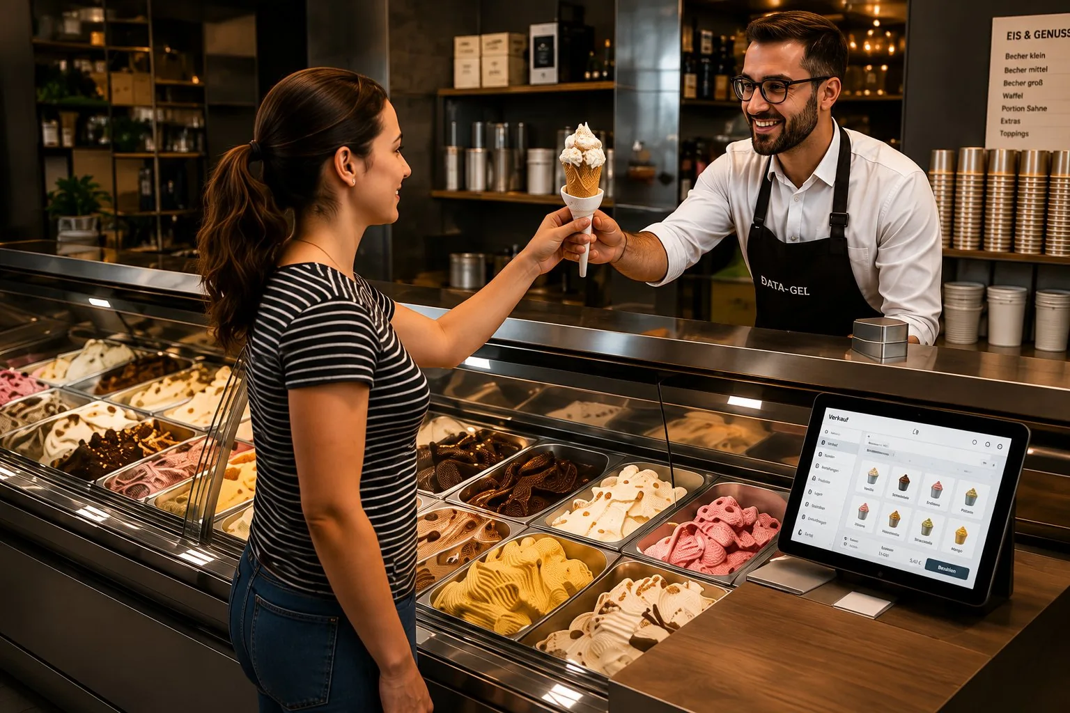 Banco vendita di una gelateria con vetrina di gelati colorati