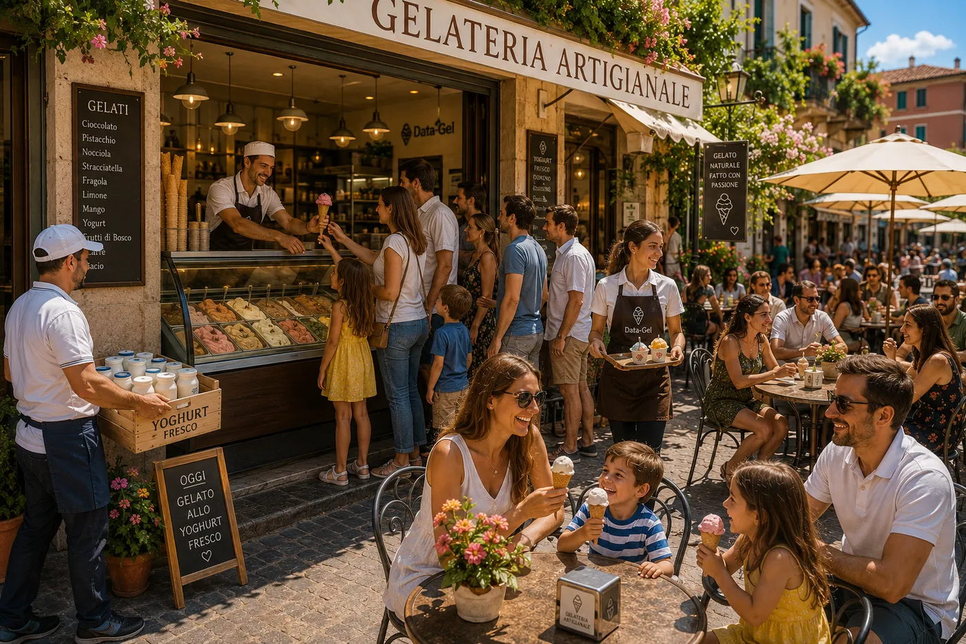 Belebte Gelateria mit lächelnden Kunden, Personal im Einsatz und sichtbarer Data-Gel Marke