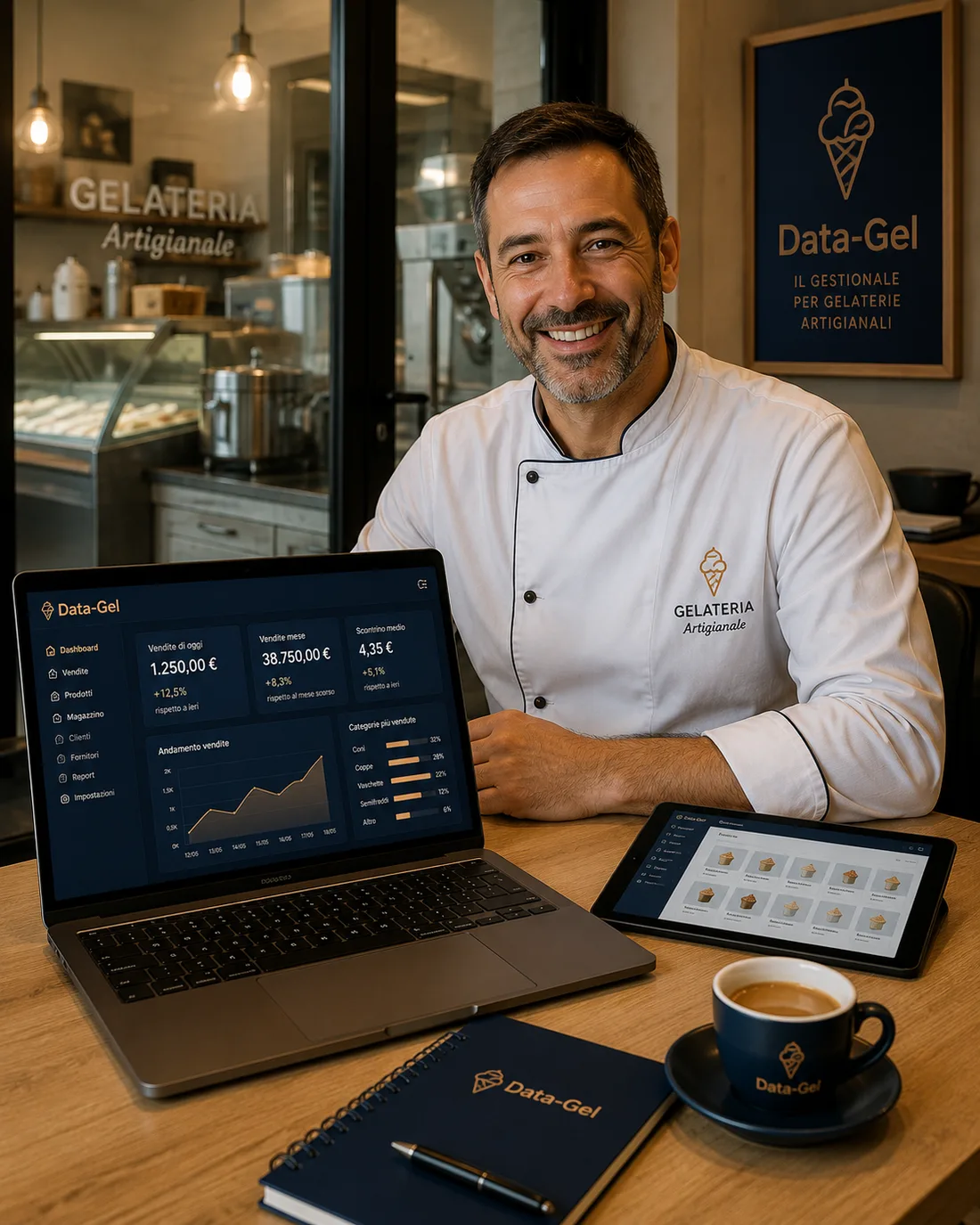 Gelatiere sorridente al laptop con la dashboard Data-Gel, tablet e gelateria visibile sullo sfondo