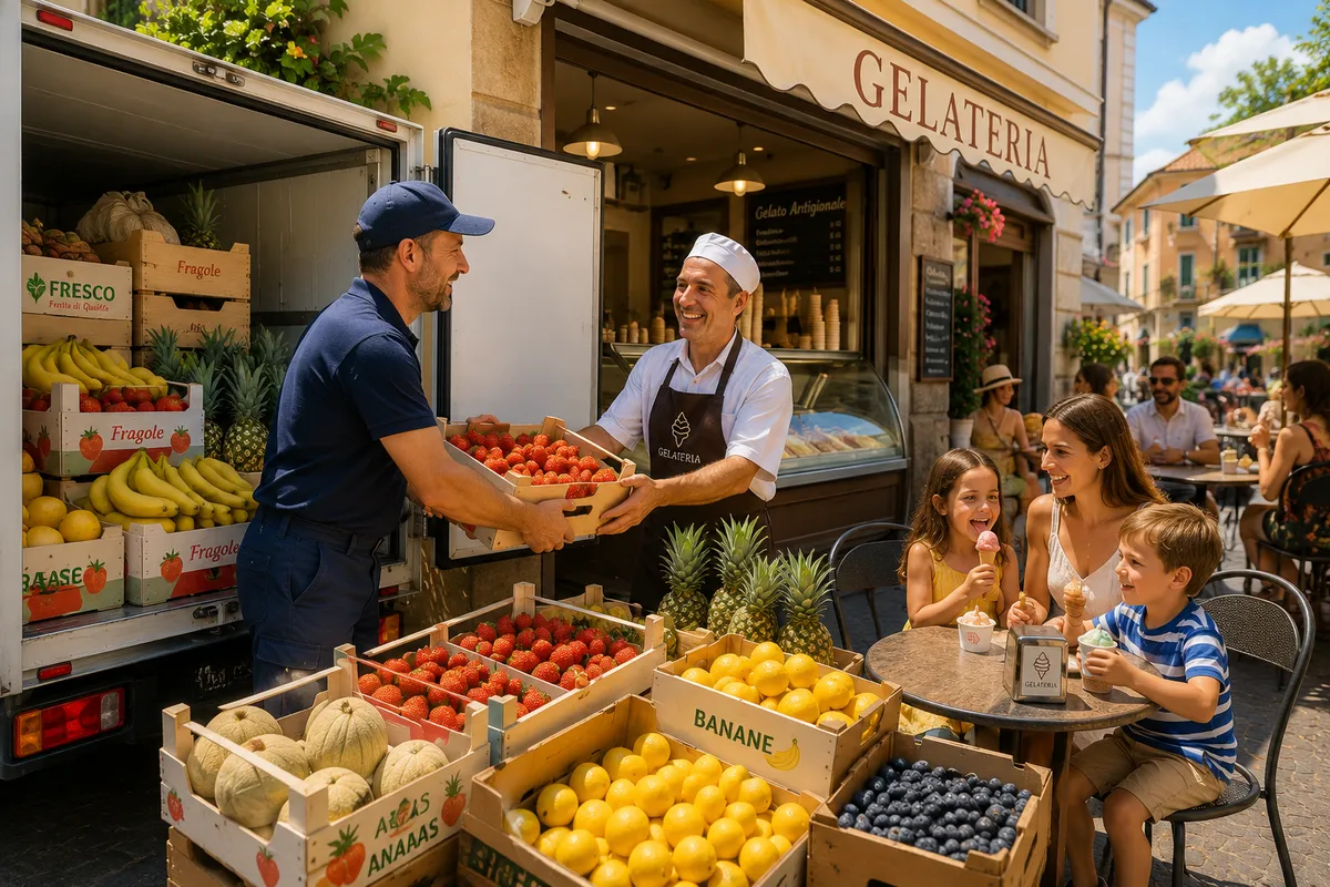 Furgone che scarica casse di frutta fresca davanti alla gelateria