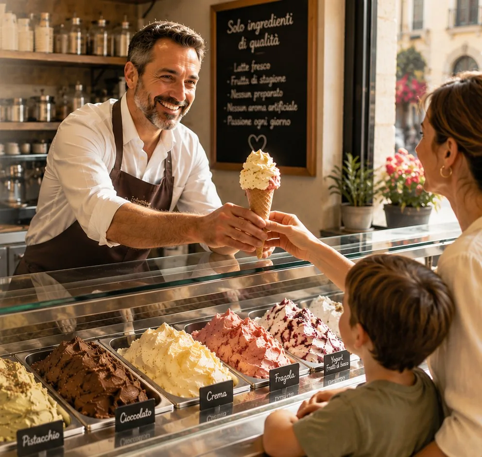 Gelatiere che serve un cono gelato a un cliente nella vetrina della gelateria