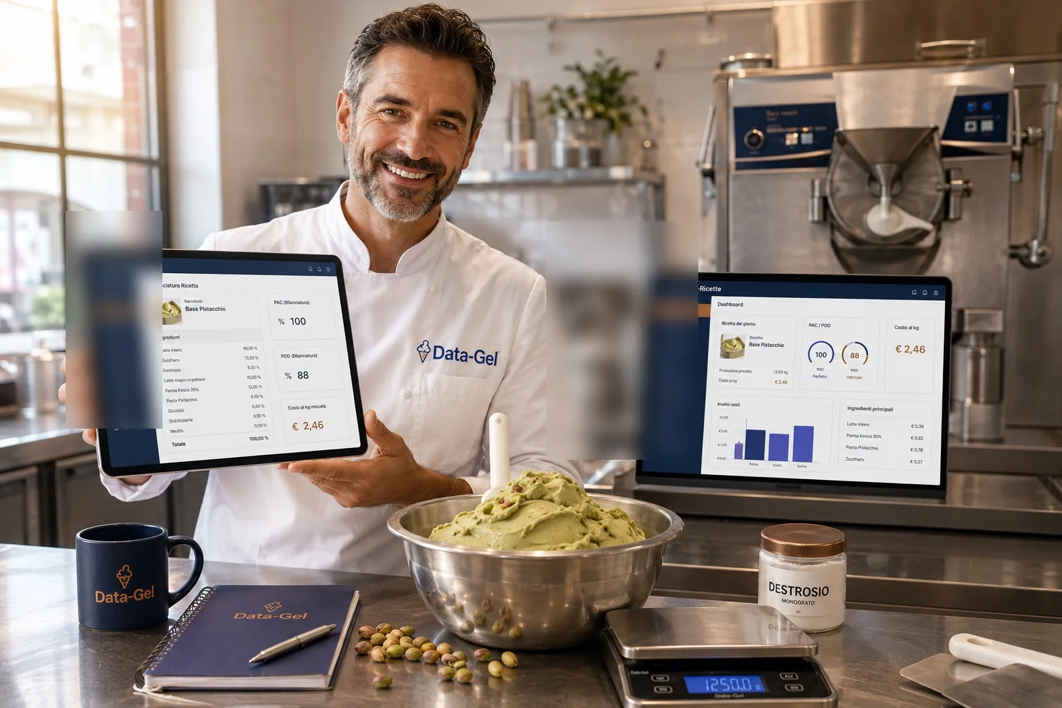 Gelatiere sorridente in laboratorio mostra tablet e laptop con Data-Gel-Ricette, ingredienti reali sul banco