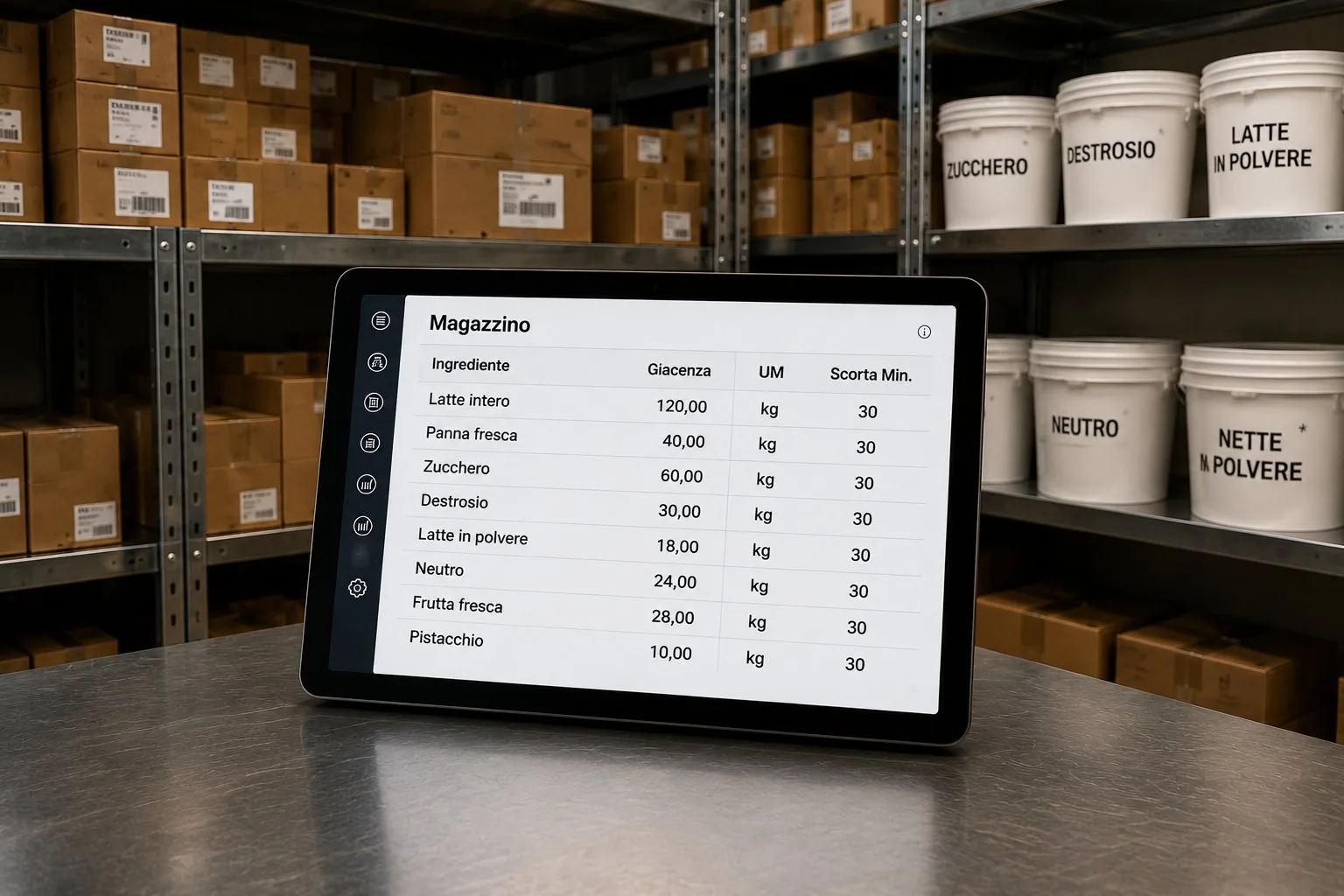 Magazzino organizzato con scaffalature e tablet per la gestione scorte