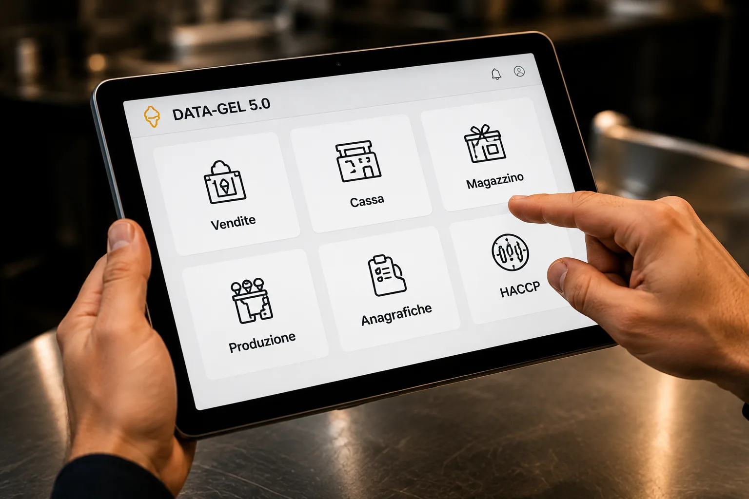 Tablet mit dem Hauptmenü von DataGel 5.0 in der Eisdiele