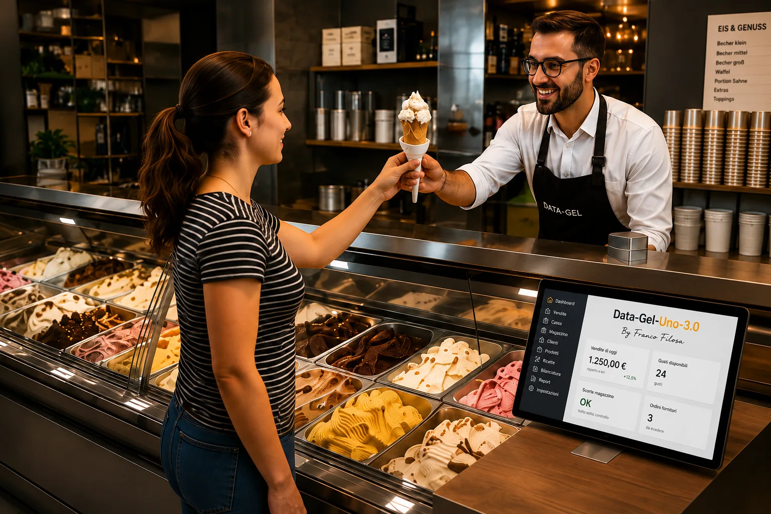 Gelatiere al banco con Data-Gel-Uno 3.0 su un monitor da bancone