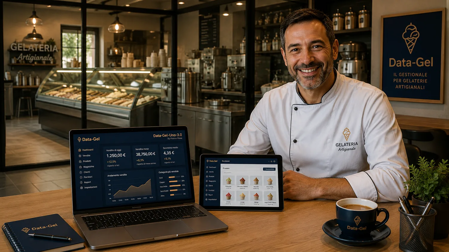 Lächelnder Eismacher mit Laptop und Tablet, die das Data-Gel Dashboard zeigen, Gelateria im Hintergrund