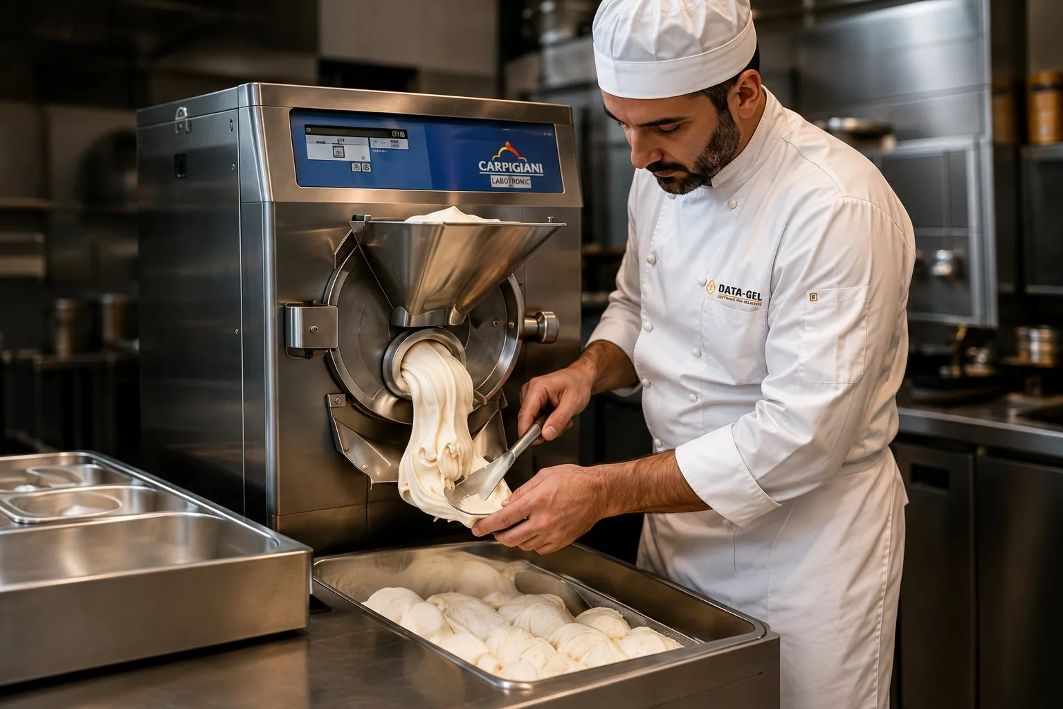 Gelatiere al mantecatore durante la produzione artigianale del gelato