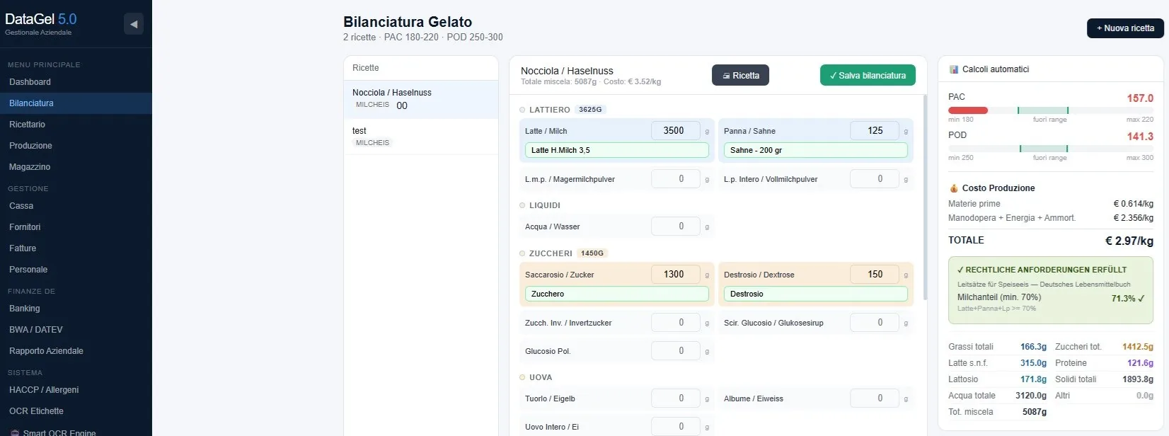 Estratto del modulo Bilanciatura Gelato di DataGel 5.0