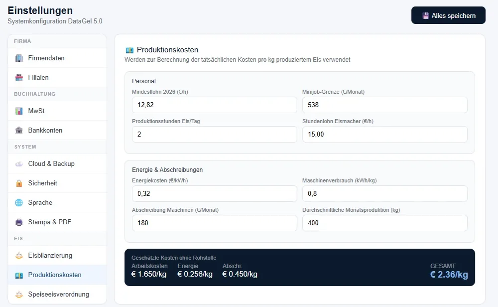 Systemkonfiguration und Produktionskosten von DataGel 5.0