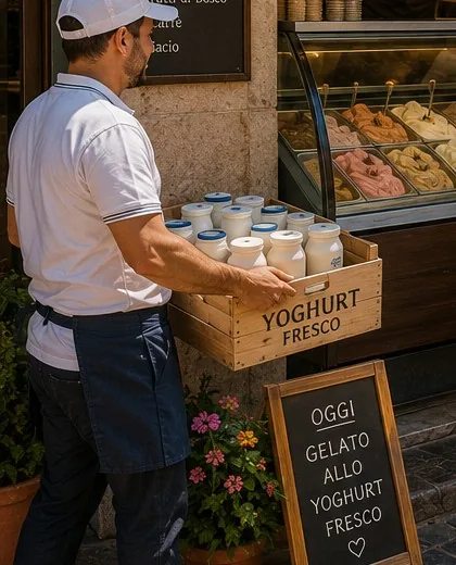 Cassette di yogurt fresco pronte per la consegna in gelateria